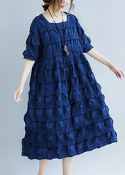 New dark blue cotton blended plus size clothing Square Collar pockets casual half sleeve large hem cotton blended dresses