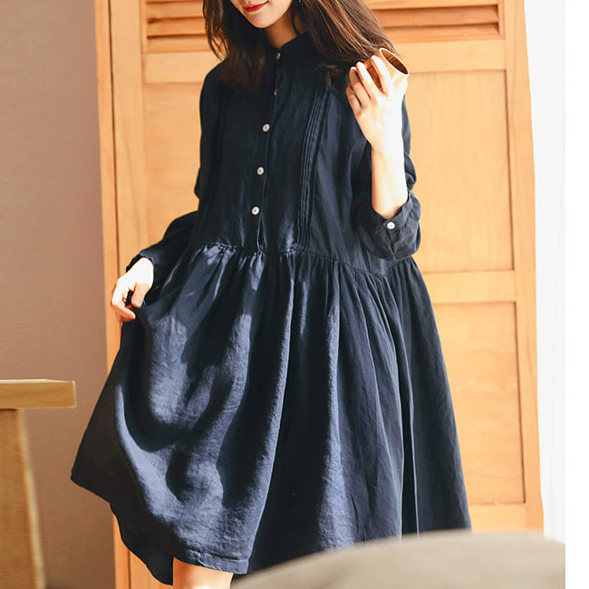 Neues dunkelblaues Kniekleid aus Leinen in Übergröße Reisekleid Vintage-Langarm-Baggy-Kleider Stand Cinched-Leinenkleider
