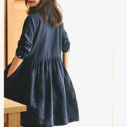New dark blue linen knee dress plus size traveling dress vintage long sleeve baggy dresses Stand Cinched linen dresses