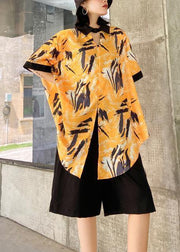 New female plus size casual yellow printed shirt + five-point pants two-piece suit - SooLinen