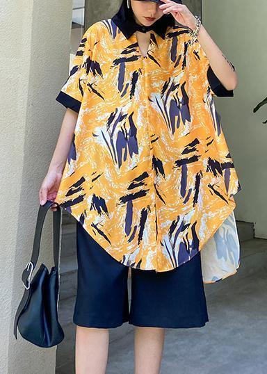 New female plus size casual yellow printed shirt + five-point pants two-piece suit - SooLinen