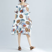 New floral Midi-length linen dress oversized linen cotton dress fine short sleeve o neck linen clothing dresses