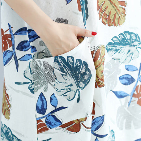 New floral Midi-length linen dress oversized linen cotton dress fine short sleeve o neck linen clothing dresses