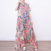 New floral long dresses casual Loose fitting short sleeve cotton clothing dresses vintage Chinese Button dresses