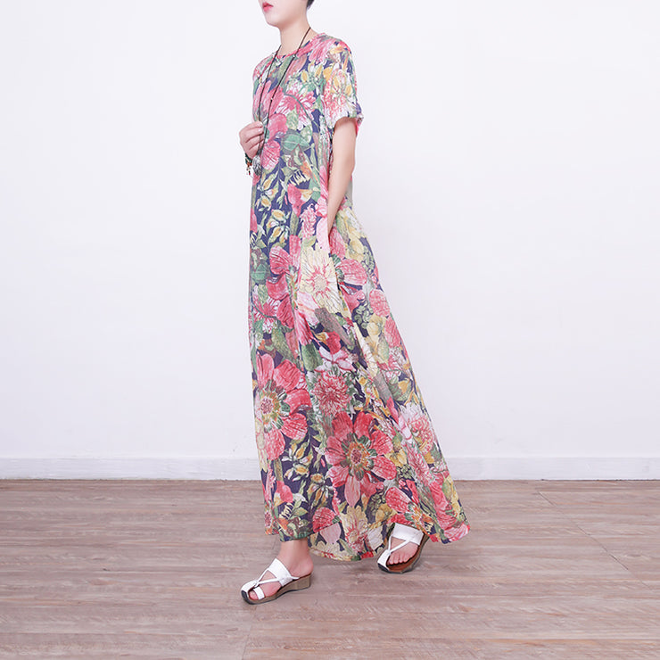 Neue florale lange Kleider lässig Locker sitzende Kurzarm-Baumwollkleidung Kleider Vintage chinesische Knopfkleider