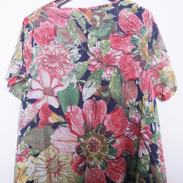 New floral long dresses casual Loose fitting short sleeve cotton clothing dresses vintage Chinese Button dresses