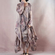 New floral silk dress casual o neck linen maxi dress New two pieces kaftan