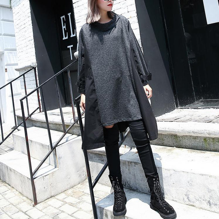 New gray 2018 fall dress Loose fitting traveling clothing asymmetric Elegant O neck patchwork dresses