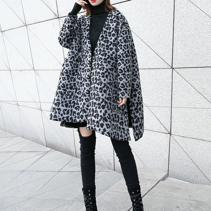 New gray Leopard Coats plus size v neck pockets Winter coat 2024 side open coat