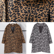 New gray Leopard Coats plus size v neck pockets Winter coat 2024 side open coat