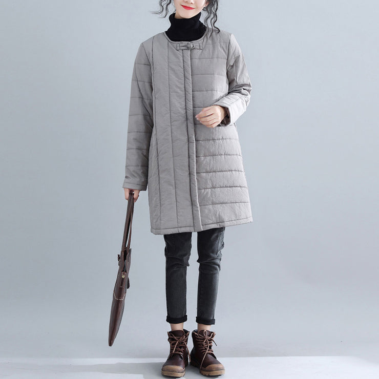 New gray Parkas Loose fitting o neck snow jackets Elegant Chinese Button winter outwear