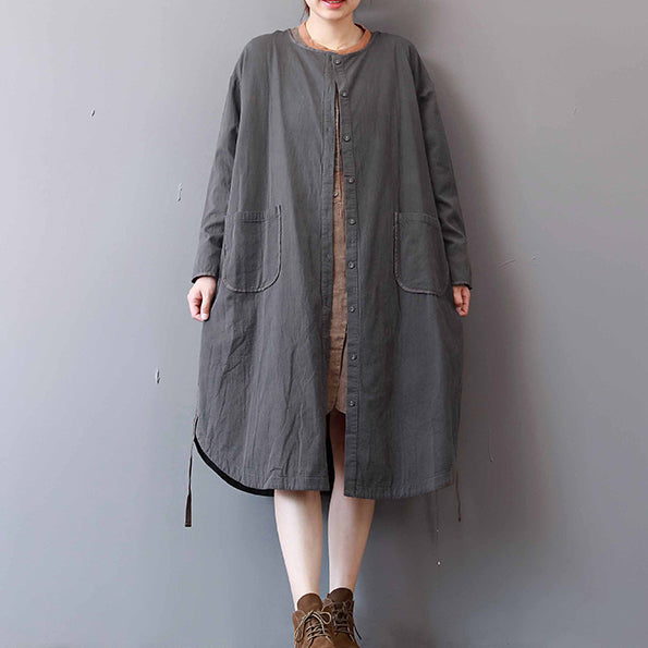 New gray cotton dress plus size stand collar cotton maxi dress Elegant long sleeve autumn shirt dress