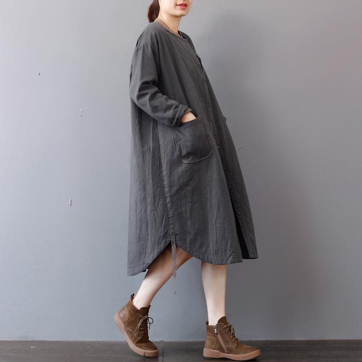 Neues graues Baumwollkleid plus Größe Stehkragen-Baumwoll-Maxikleid Elegantes Langarm-Herbst-Hemdkleid