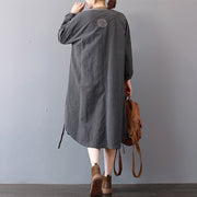 New gray cotton dress plus size stand collar cotton maxi dress Elegant long sleeve autumn shirt dress