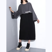 New gray fall dress trendy plus size O neck cotton clothing dresses Elegant faux two pieces maxi dresses