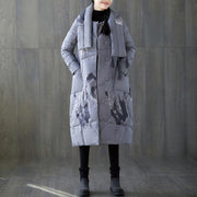 New gray print winter down coat oversized tassel New pockets down coat