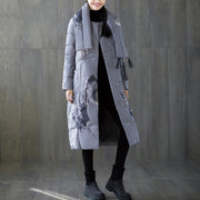 New gray print winter down coat oversized tassel New pockets down coat