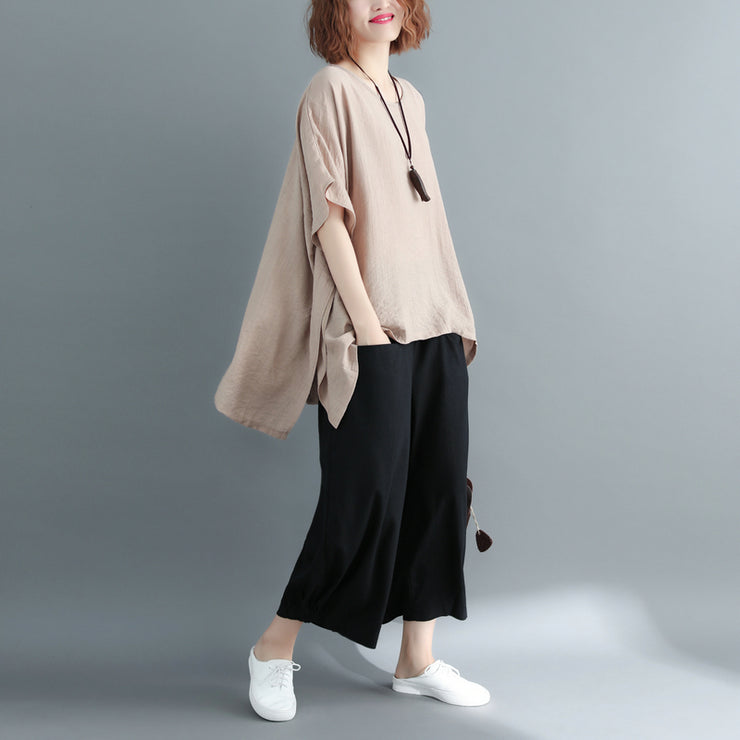 New khaki Midi-length cotton linen t shirt Loose fitting casual cardigans 2018 short sleeve o neck linen blouses
