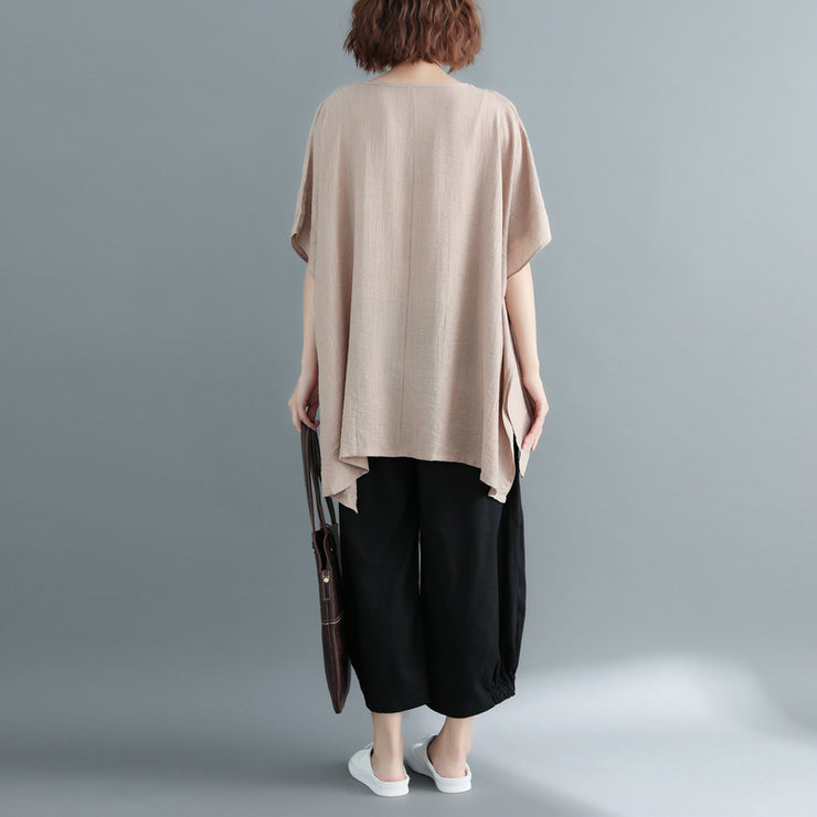 New khaki Midi-length cotton linen t shirt Loose fitting casual cardigans 2018 short sleeve o neck linen blouses