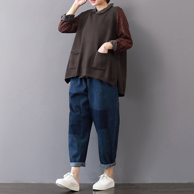 New khaki cozy sweater Loose fitting lapel collar sweaters 2018 sleeveless top
