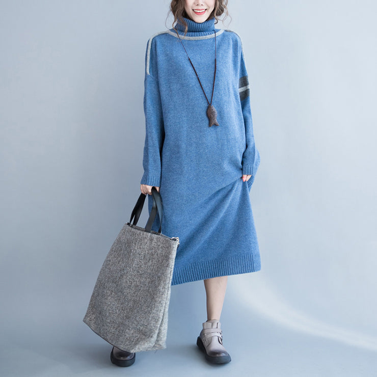 Neue hellblaue lange Pullover plus Größenkleidung Patchwork-Winterkleid Pullover mit Stehkragen
