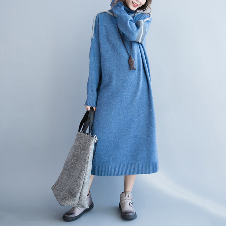 Neue hellblaue lange Pullover plus Größenkleidung Patchwork-Winterkleid Pullover mit Stehkragen