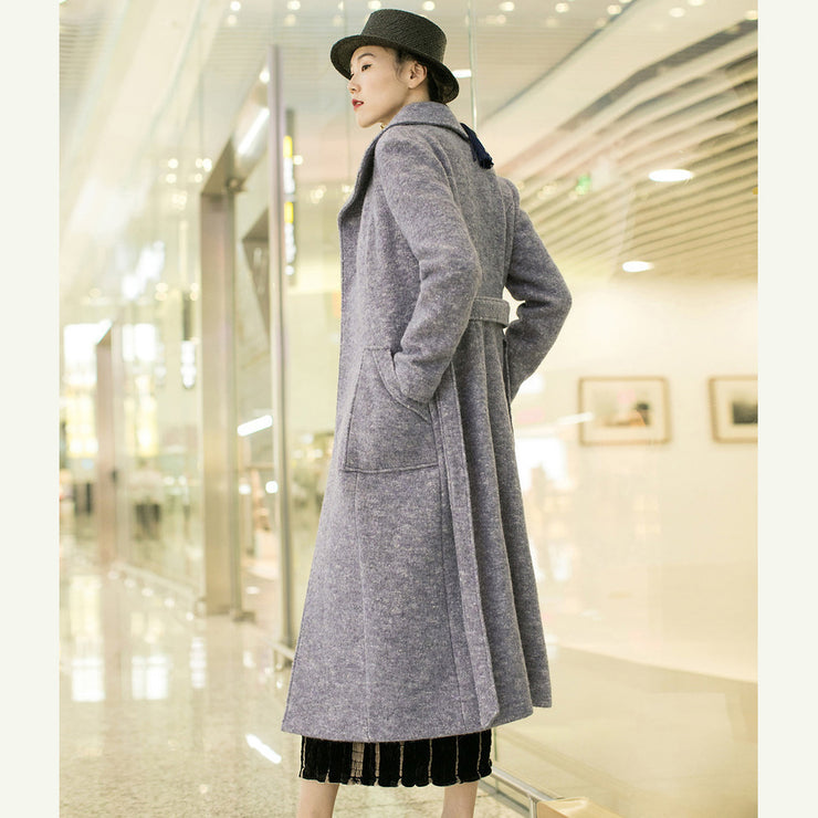 Neue hellviolette Wolloberbekleidung, trendige Plus-Size-Tei-Taille, lange Mäntel, Taschenmäntel