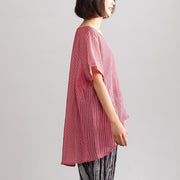 New linen blended summer top casual Summer Loose Leisure Short Sleeve Women Red Stripe Blouse