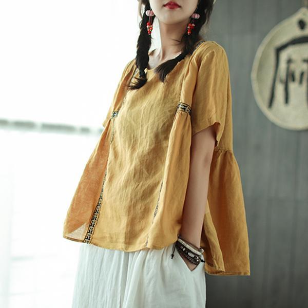 New linen blouse Loose fitting Loose Pleated Ramie Casual Women Pullover Blouse