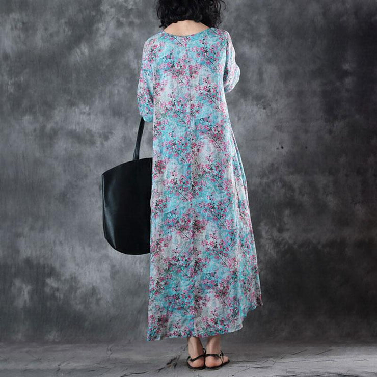 Neues Leinen-Sommerkleid Locker sitzendes Retro-V-Ausschnitt mit kurzen Ärmeln und bedrucktem Ramie-Kleid