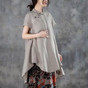 New linen tops casual Stand Collar Short Sleeve Irregular Women Khaki Tops