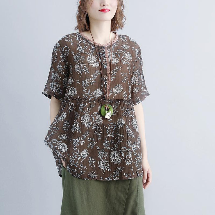 New linen tops plus size clothing Round Neck Casual Summer Short Sleeve Floral Blouse