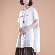New linen tops plus size clothing Short Sleeve Slit Summer Casual White Women Tops