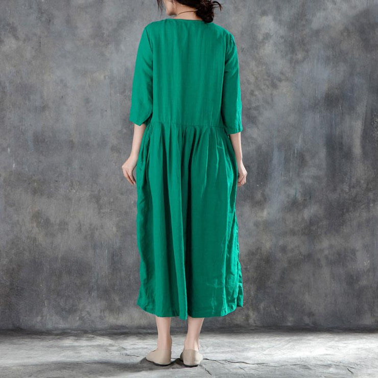 New long linen dress Loose fitting Linen Round Neck Three Quarter Sleeve Green Pleated Dress