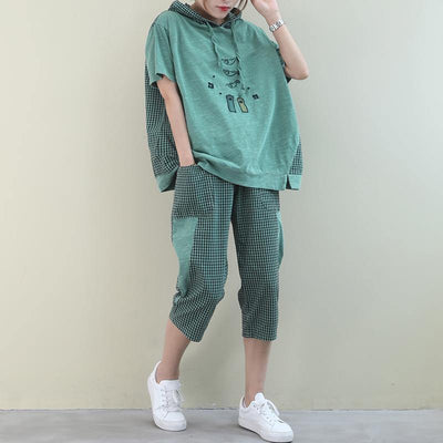 New loose large size embroidery light green plaid stitching casual two pieces - SooLinen