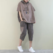 New loose large size embroidery light green plaid stitching casual two pieces - SooLinen