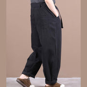 New loose large size literary belt pure black casual pants women - SooLinen