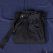 New loose large size literary belt pure black casual pants women - SooLinen