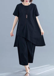 New loose women's fashion black cotton and linen irregular shirt + pants casual suit - SooLinen