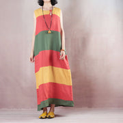 New multicolor striped linen maxi dress trendy plus size O neck linen maxi dress Fine Sleeveless baggy dresses