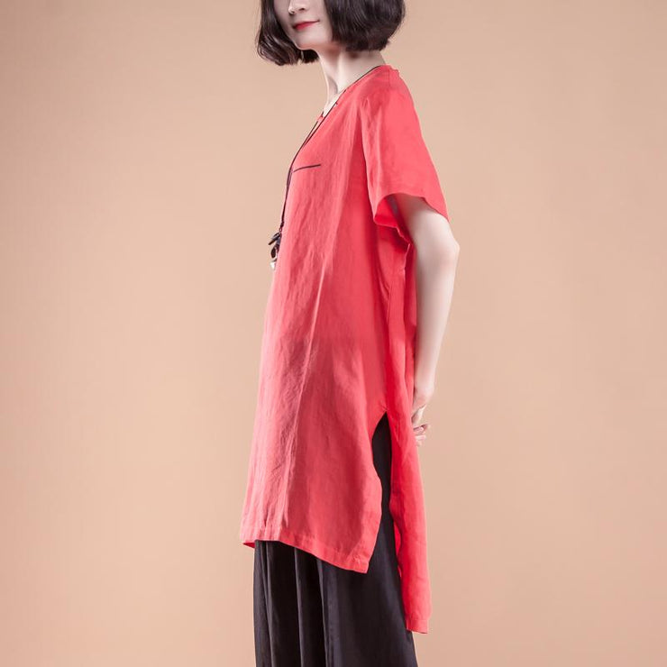 New natural linen t shirt plus size Short Sleeve slit Summer Casual Red Women Tops