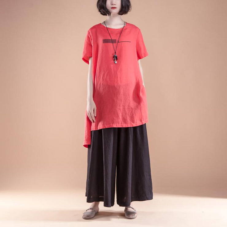 Neues T-Shirt aus natürlichem Leinen plus Kurzarm-Schlitz Sommer beiläufige rote Damenoberteile