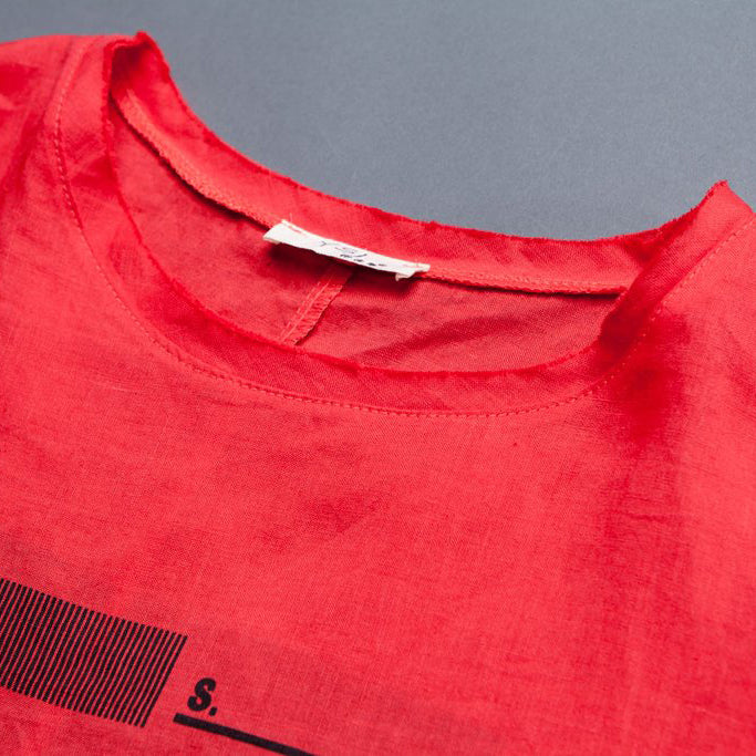 Neues T-Shirt aus natürlichem Leinen plus Kurzarm-Schlitz Sommer beiläufige rote Damenoberteile