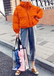 New orange duck down coat plus size clothing womens parka stand collar Large pockets fine coats - SooLinen