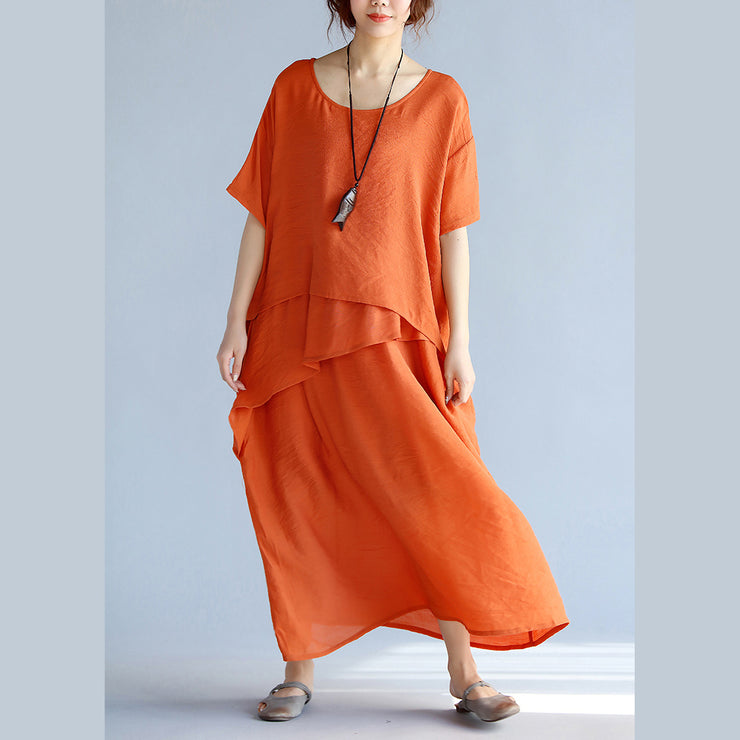 Neue orangefarbene lange Leinenkleider plus Größenkleidung geschichtete Baumwollkleider Neues Leinen-Baumwollkleid mit kurzen Ärmeln
