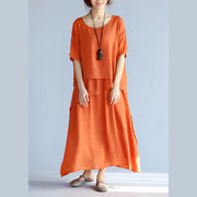 New orange long linen dresses plus size clothing layered cotton dresses New short sleeve linen cotton dress