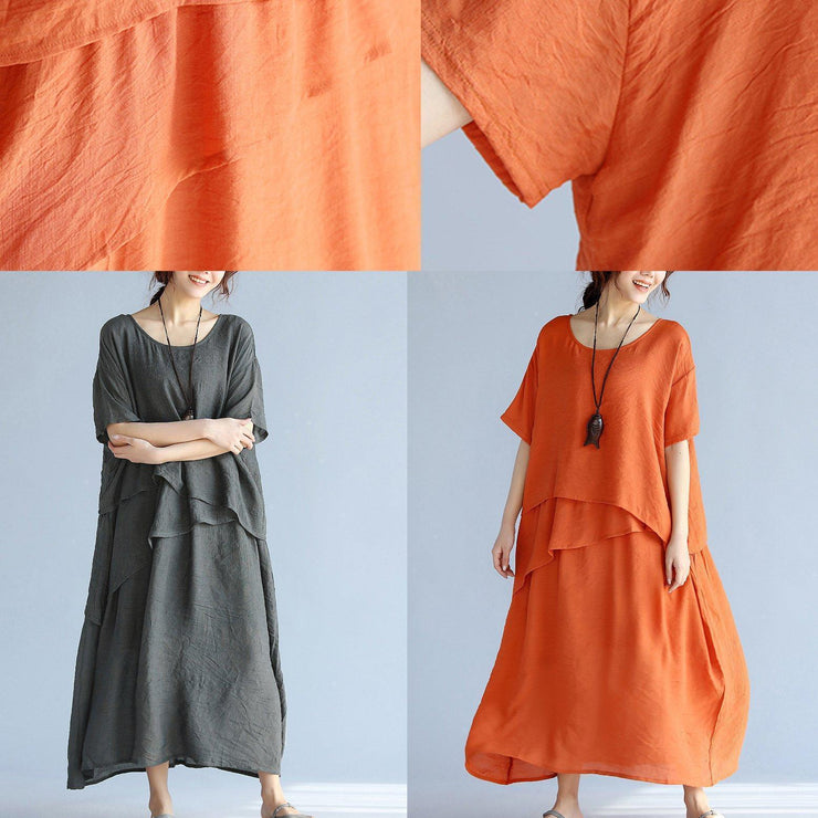 New orange long linen dresses plus size clothing layered cotton dresses New short sleeve linen cotton dress