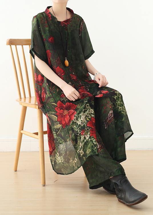 New original silk printed large size long coat loose wide leg pants green two-piece - SooLinen