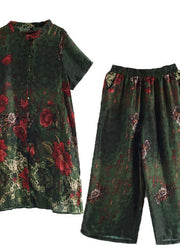 New original silk printed large size long coat loose wide leg pants green two-piece - SooLinen