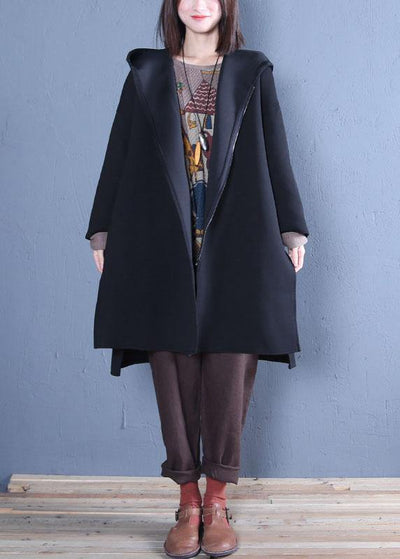 New oversized medium length coat fall black hooded Coats - SooLinen
